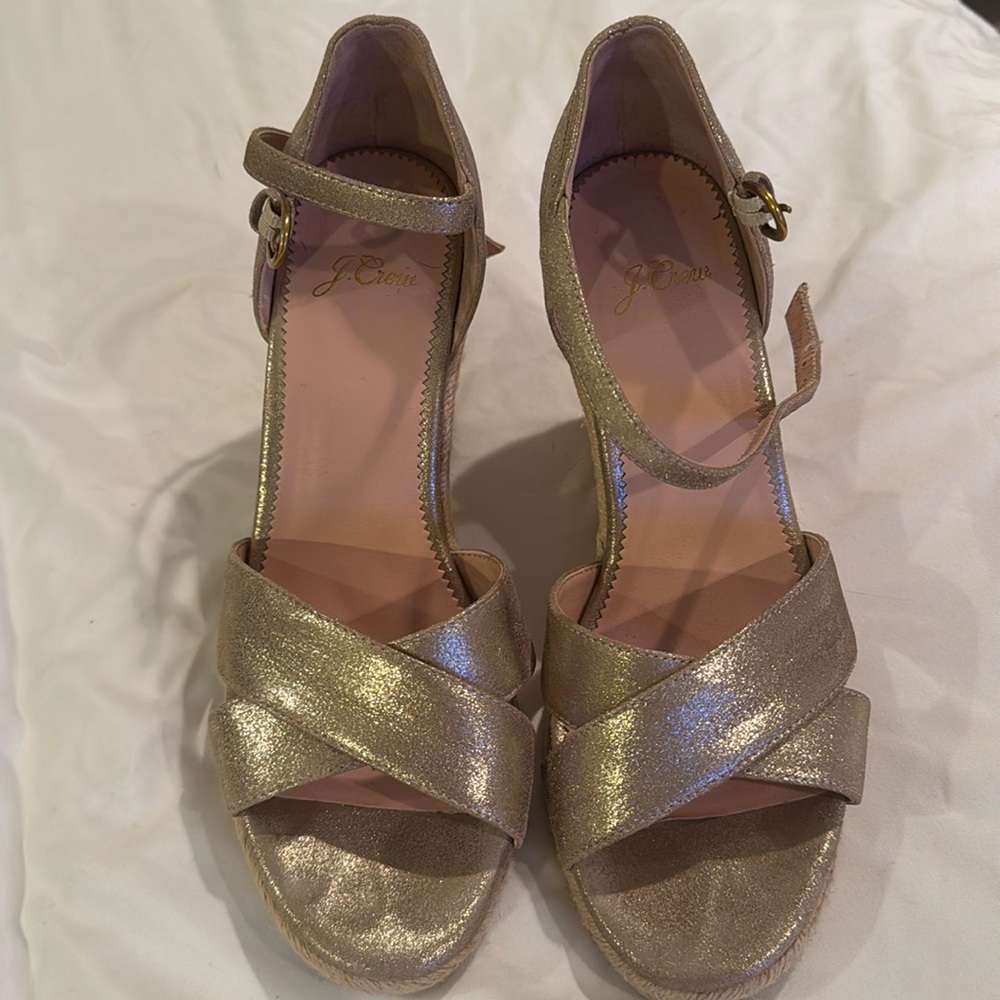 J. Crew Gold Leather Jute Wedge Sandals